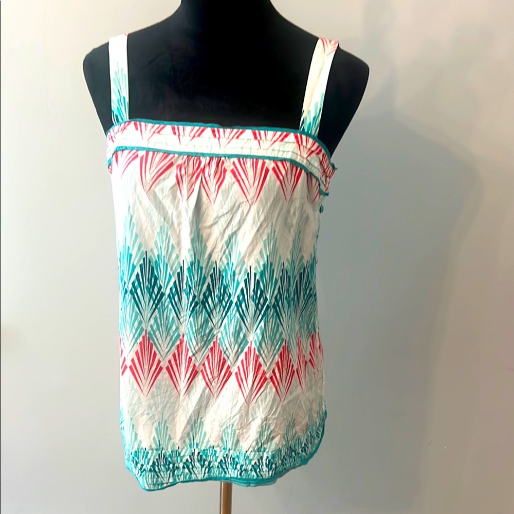 Women's White Tank Top with Teal & Coral Print